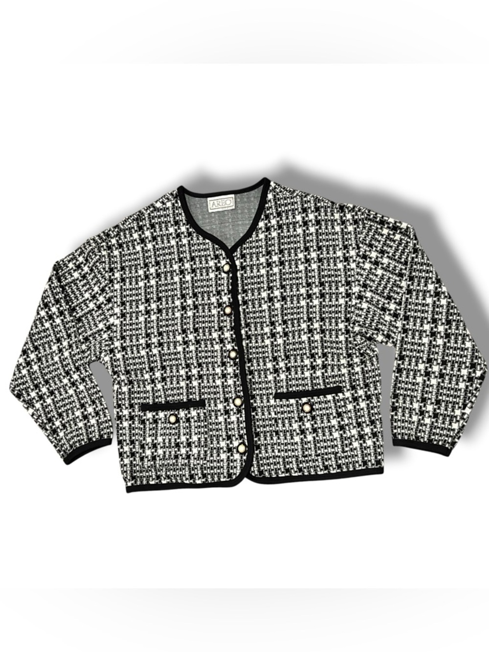 VTG 80s Areo Tweed Jacket M with Black Trim Pearl Buttons Black Tan Business C-6